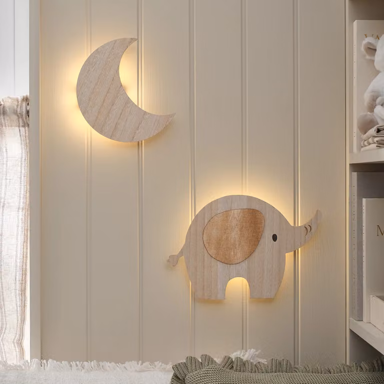 Elephant & Moon Childrens Wooden Wall Night Light in White and Beige