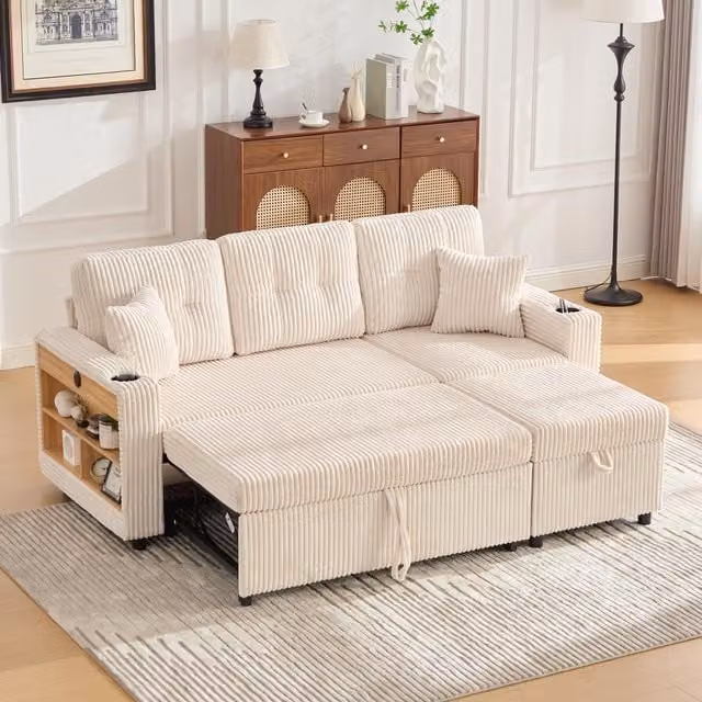 Aosom UK Multifunctional Beige Upholstered Sofa Bed with Hidden Storage, LED Lighting, USB Charging and Pull-Out Bed, W: 196 cm, D: 82 cm, H: 85 cm