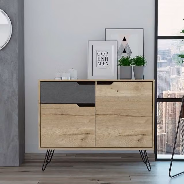 Core Manhattan Small Sideboard with 2 Doors and 1 Drawer in Bleached Pine and Stone Effect Grey and Black