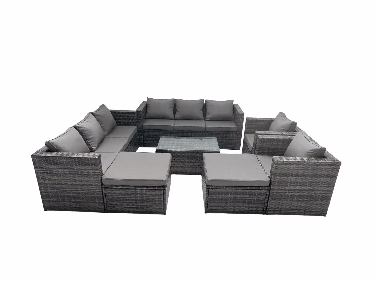 Fimous 10-Seater Patio Coffee Table Sofa Set with 2 Large Stools in Dark Grey – 2