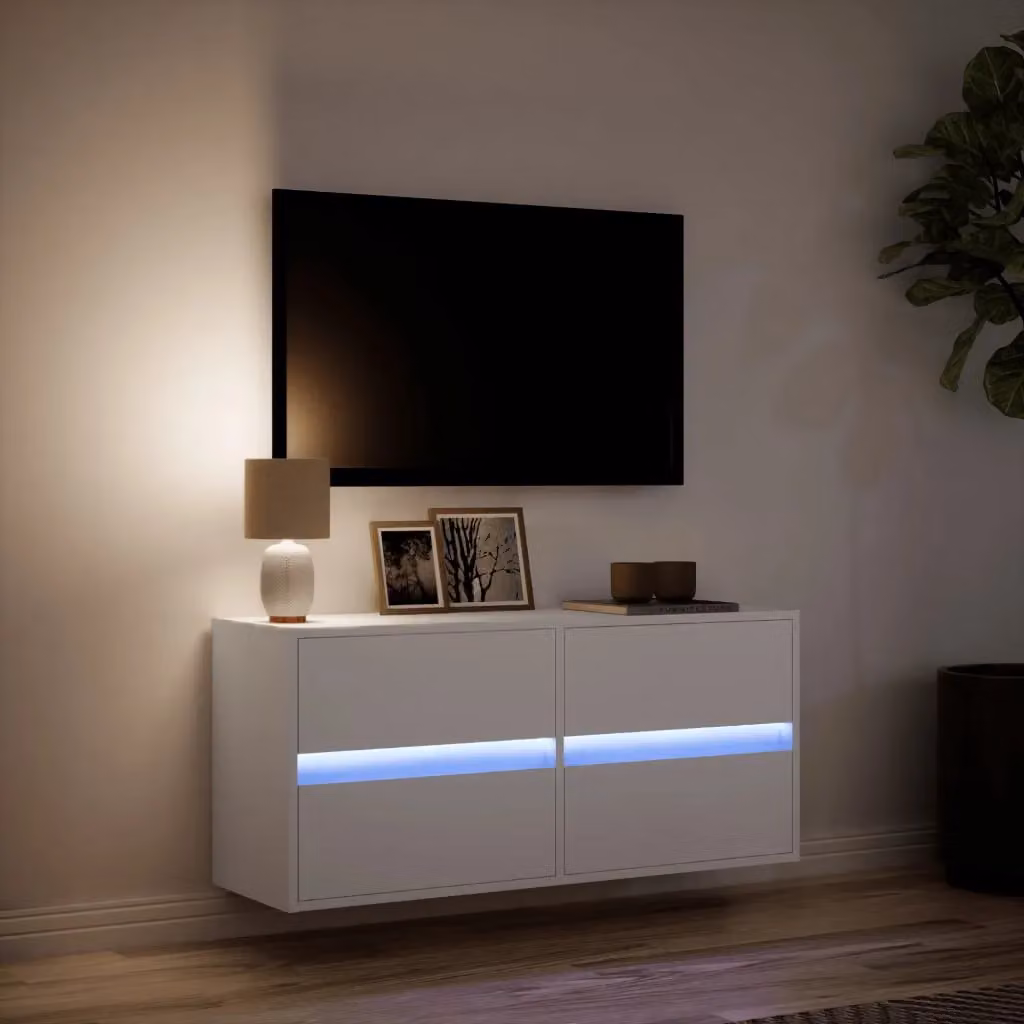 Berkfield Home Modern Glossy White TV Wall Cabinet with LED Lights, W/D/H: 100 x 31 x 45 cm – 2