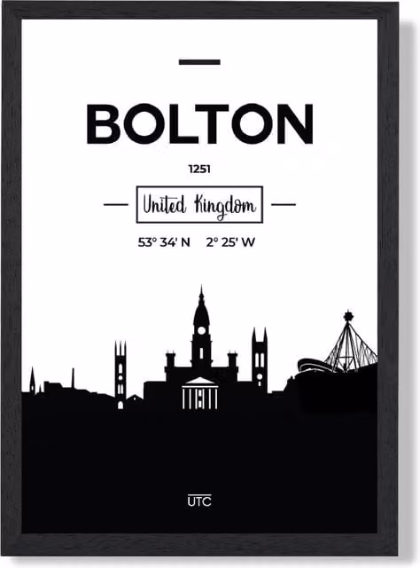 ARTZE Bolton Black and White City Skyline Framed Print, A2 Size