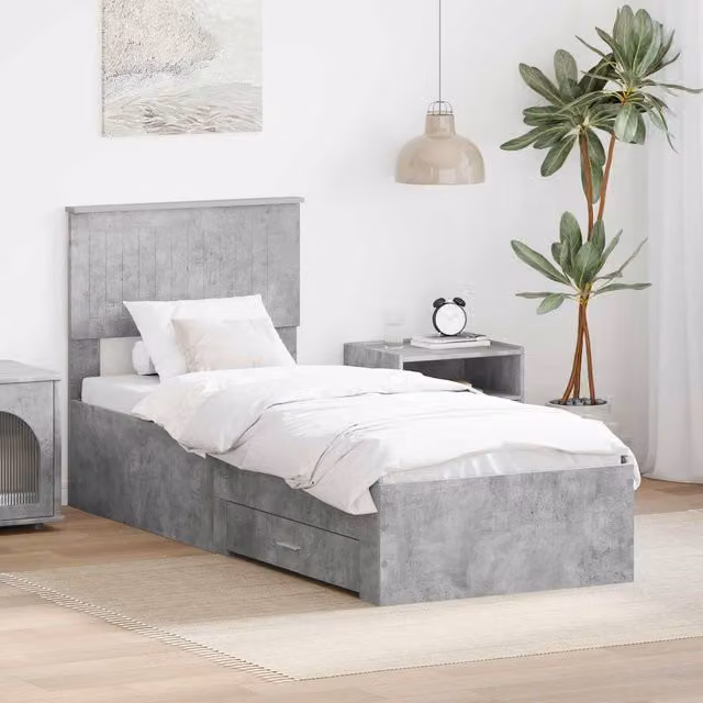 Berkfield Home Modern Bed Frame in Concrete Grey and Silver, Engineered Wood with Drawers, W/D/H: 70 x 70 x 190 cm