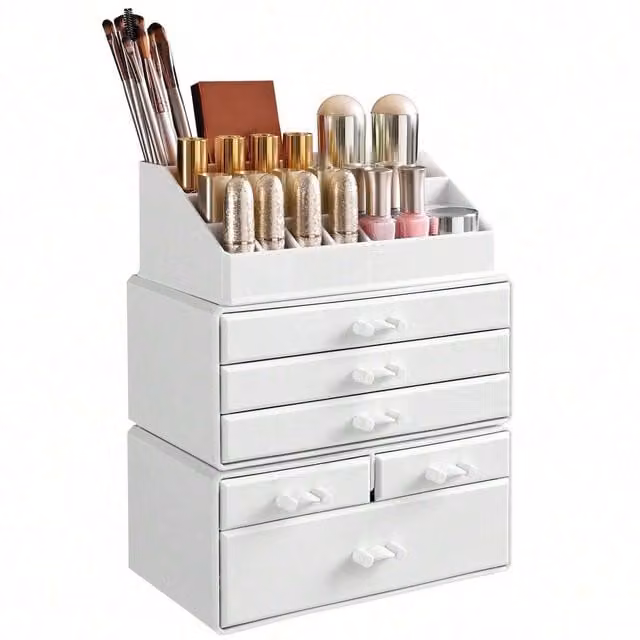 SONGMICS Acrylic Makeup and Cosmetic Organizer with 6 Drawers, White and Transparent, Stackable and Freestanding