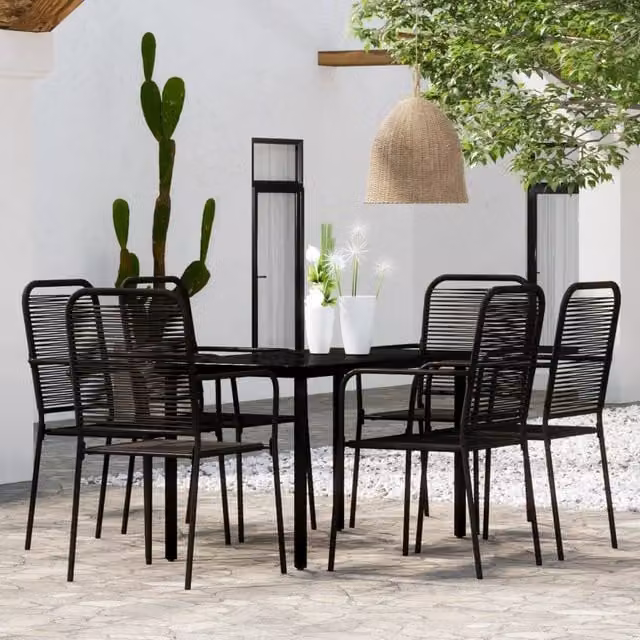 Berkfield Home 7 Piece Modern Garden Dining Set in Matt Black Powder Coated Steel and Glass