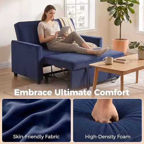 HOMCOM 2 Seater Velvet Sofa Bed in Dark Blue, 3-in-1 Click-Clack Sleeper Loveseat with Solid Wood Frame – 6