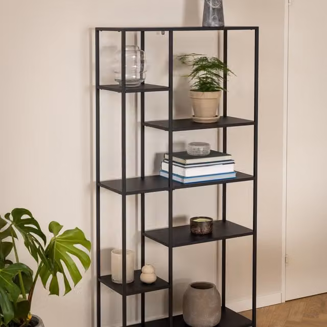 Furniture To Go Newcastle Asymmetrical Industrial Bookcase with 6 Shelves in Matt Black