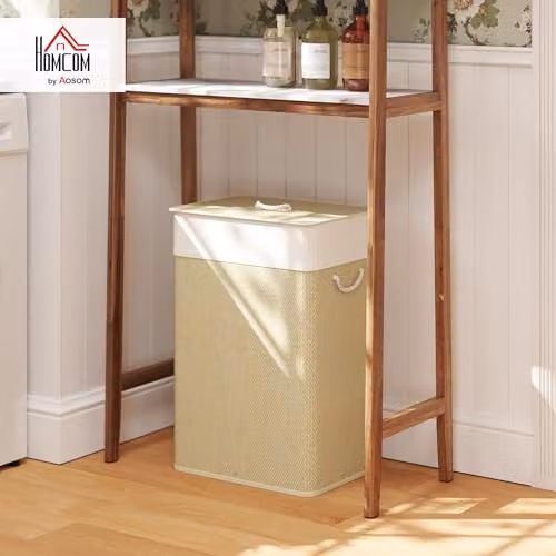 HOMCOM Bamboo Laundry Basket with Lid and Removable Bag, 72L, Nature Wood Finish, Brown and Beige, W: 30.0 cm, D: 30.0 cm, H: 60.0 cm – 2