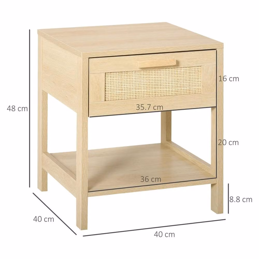 FORGEVIO Bedside Table Nightstand with Rattan Drawer in Light Oak and Beige – 2
