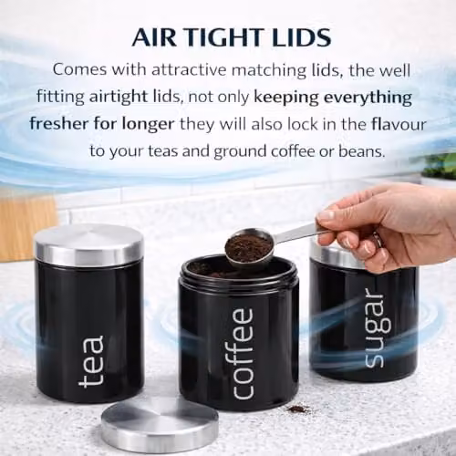 Almineez 4pc Metallic Kitchen Storage Set with Airtight Tea, Coffee, Sugar Canisters and Roll Top Bread Bin in Black – 3