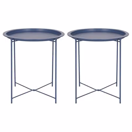 Harbour Housewares Set of 2 Round Matte Blue Metal Folding Tray Tables – 1