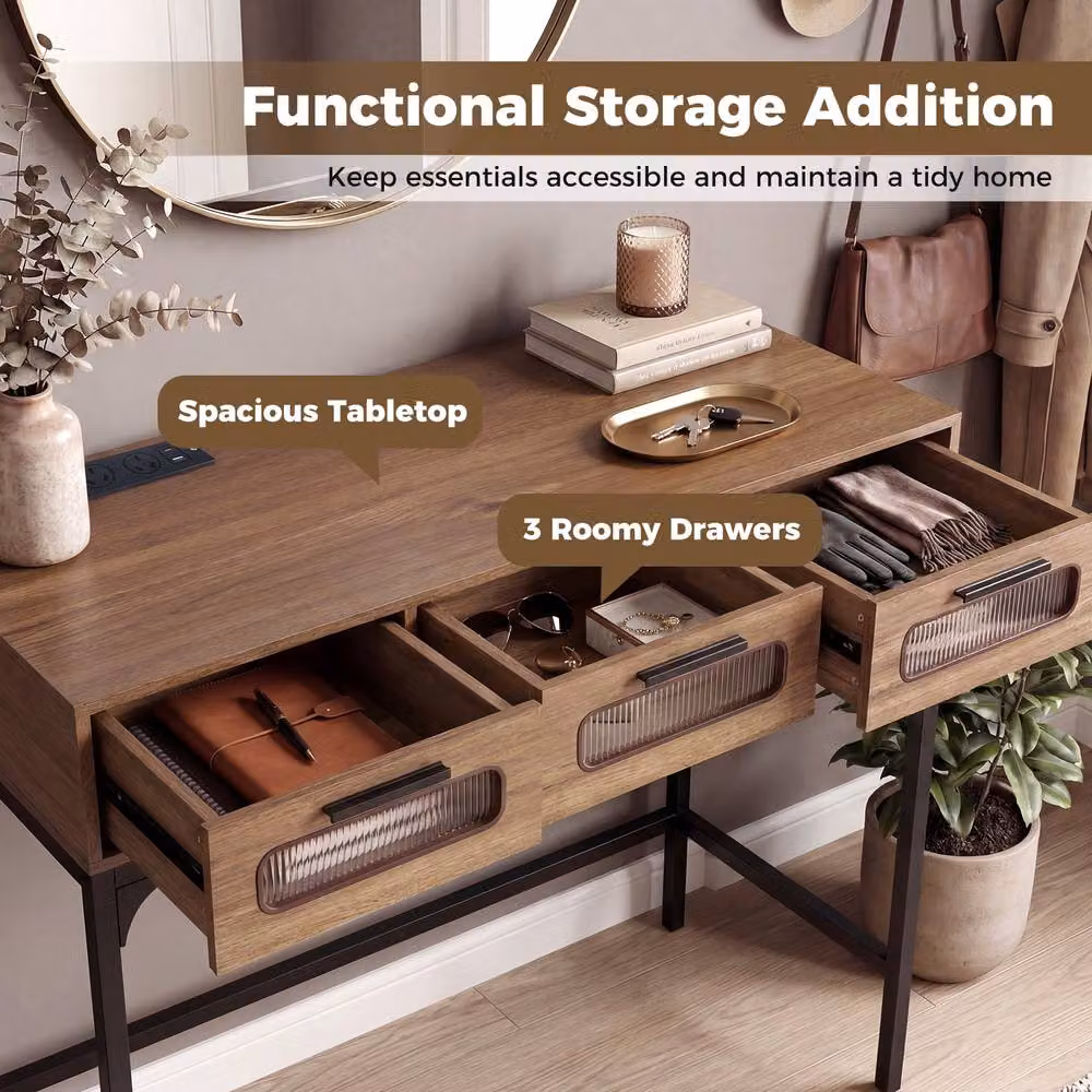 Gymax Khaki Console Table with LED Lights, Outlets and USB Ports, Width: 90 cm, Height: 75 cm – 4