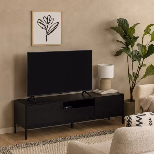 Wyld Haus El Paso Black Wooden TV Unit with 2 Doors, 1 Drawer and Metal Base, W/D/H: 140.0 x 40.0 x 45.0 cm