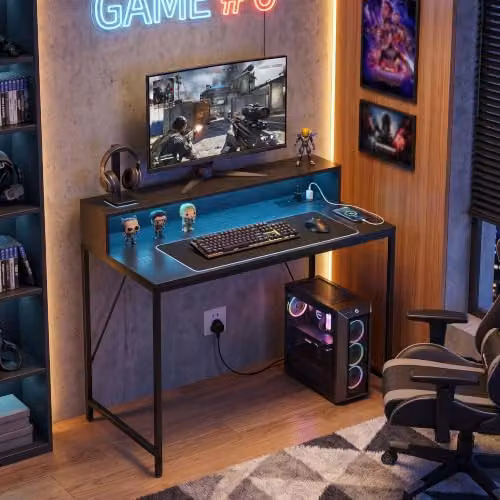 HOMCOM Black Wood-Effect Computer Desk with LED Lights and Power Outlets, W: 100 cm, D: 50 cm, H: 76 cm – 4