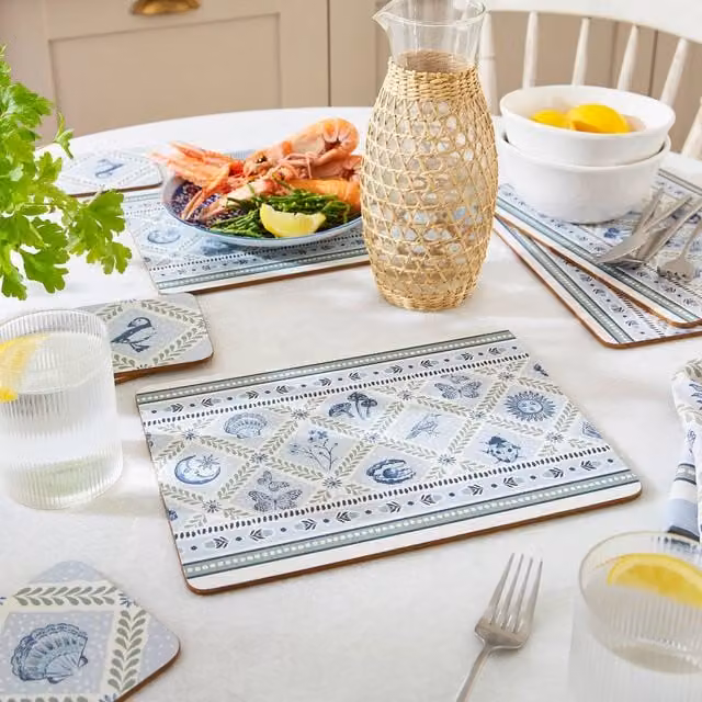 Ulster Weavers Coastal Treasures Maritime Floral Printed Placemats, Pack of 4, Blue and Green