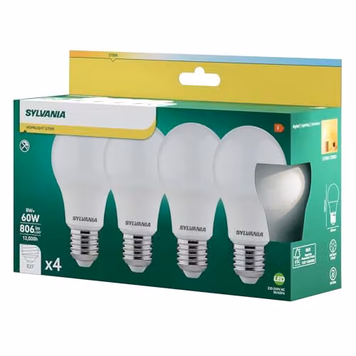 SYLVANIA GLS LED Light Bulbs, E27, 8W, 810 Lumens, 60W Equivalent, Warm White 2700K, Frosted, 4 Pack – 2