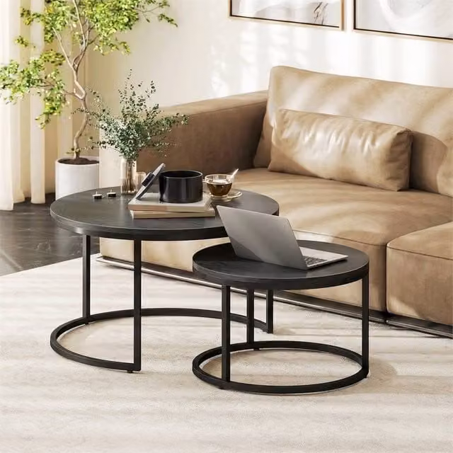 EONLION Set of 2 Black and Grey Round Metal Stacking Coffee Tables with Matt Finish