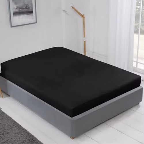 Voltico Black Double Fitted Bed Sheet in Microfibre Cotton Blend, W/D/H: 140 x 200 cm