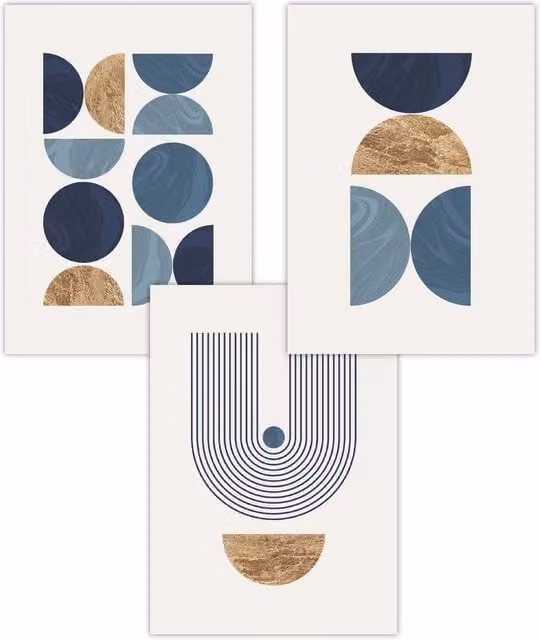 ARTZE Set of 3 Mid Century Geometric Abstract Art Posters in Navy, Blue and Gold, W: 59 cm, H: 84 cm