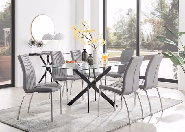 FurnitureboxUK Leonardo Black Leg Glass Dining Table with Six Grey Isco Chairs