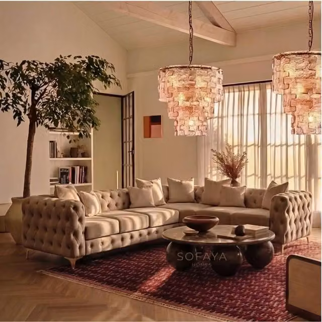 Sofaya Monaco Chesterfield 6 Seater Right Hand Corner Chaise Sofa in Light Brown Velvet