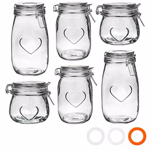 Nicola Spring Heart Design Transparent Glass Airtight Food Storage Jars with Clip Fasten, Set of 6 – 1