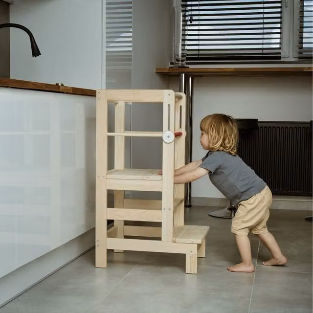 Love For Sleep Minimalist Childrens Wood Kitchen Tower in Brown Pine