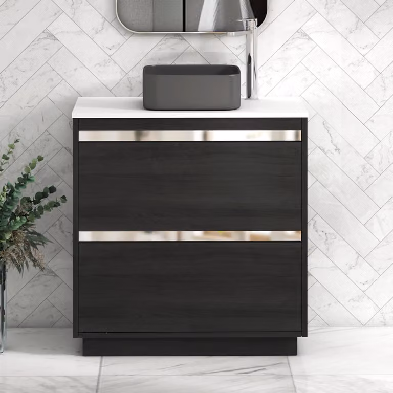 Royal Bathrooms Orion 800mm Hale Black Floor Standing Vanity Unit with 2 Drawers, Plain White Countertop and Art Square Basin with Chrome Accent Trim