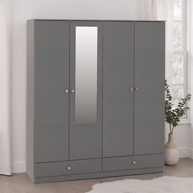 Seconique Denver 4 Door 2 Drawer Mirrored Wardrobe in Grey Gloss
