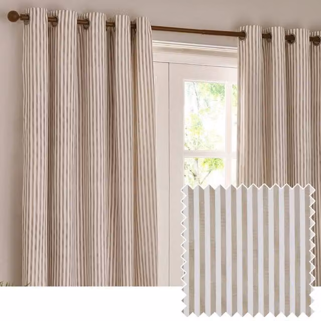 Make It A Home Hebden Striped Cotton Eyelet Curtain Pair in Beige and Yellow, Width: 137 cm, Height: 229 cm