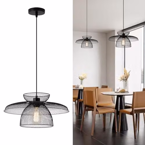 Harper Living Black Industrial Metal Mesh Pendant Ceiling Light with Adjustable Height and E27 Fitting – 1