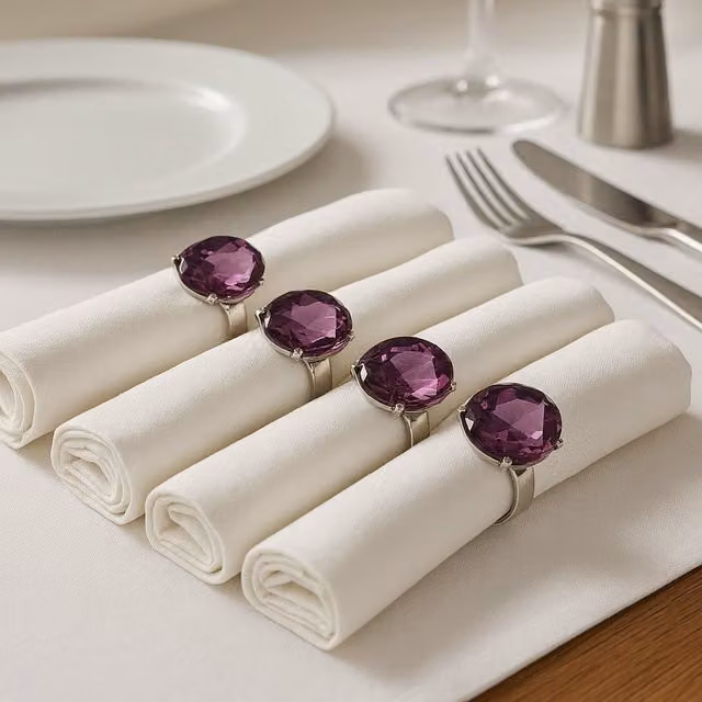 Orsina Set of Four Sapphire Diamante Napkin Rings in Purple Metal