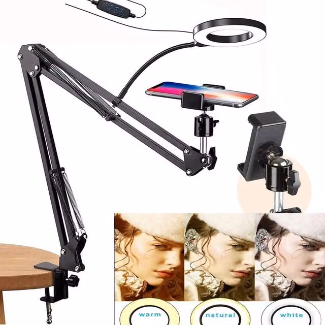 EONLION Adjustable Desk Ring Light with Stand in Black