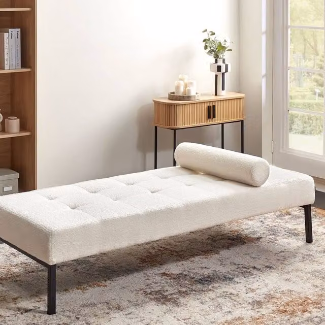 Wyld and Coco White Bouclé Upholstered Modern Chaise Longue with Metal Legs