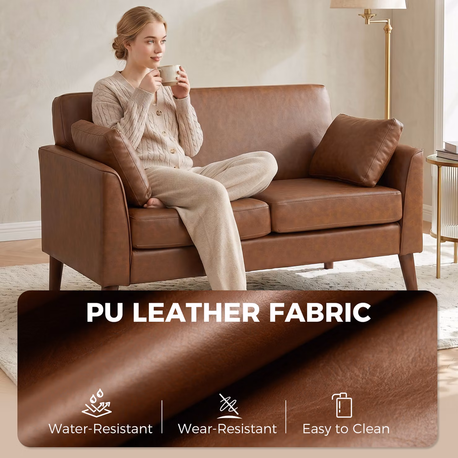 HOMCOM 2 Seater Modern Small Sofa in Brown with Synthetic Leather Upholstery and Solid Wood Legs, W: 132 cm – 5