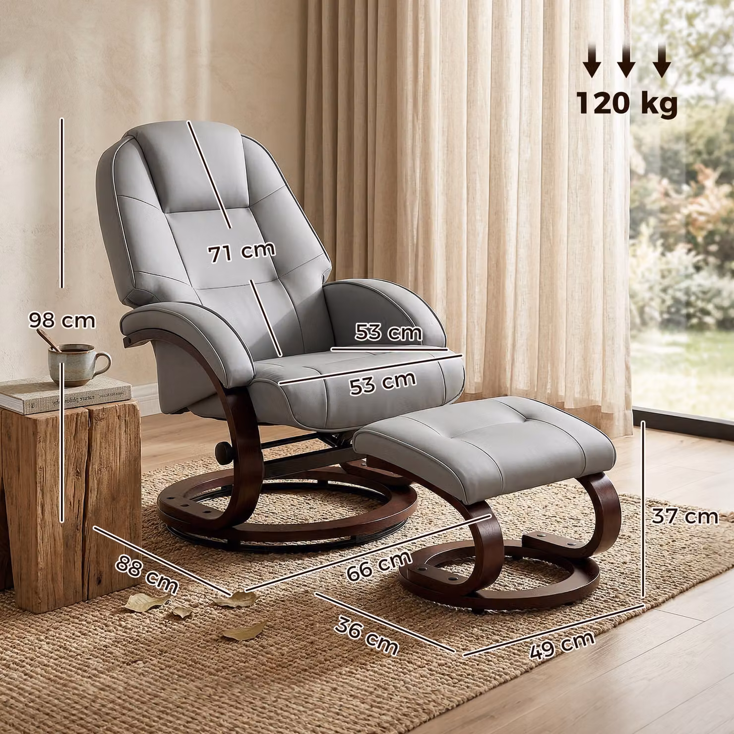 HOMCOM Swivel Recliner Chair with Footstool, Grey PU Leather Armchair with Adjustable Back and Solid Wood Frame – 3