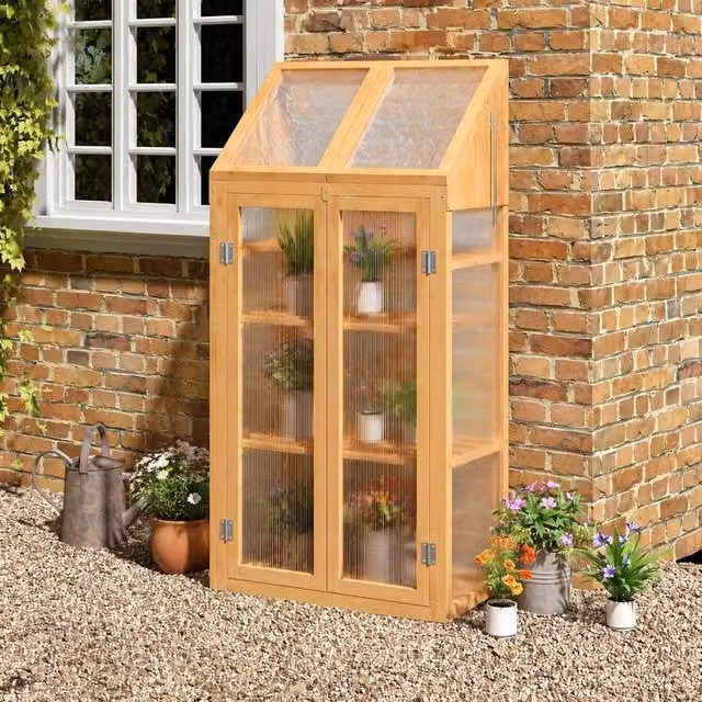 STILVORA Cold Frame Greenhouse with 3 Shelves and Double Doors in Brown, W/D/H: 120 x 50 x 70 cm