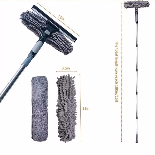 FLAVORA Grey Glass Cleaning Squeegee with Telescopic Handle and Microfibre