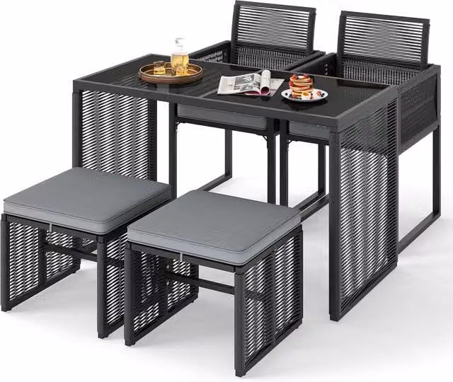 Costway 5 Piece Modern Polyrattan Patio Dining Set with Glass Table in Black