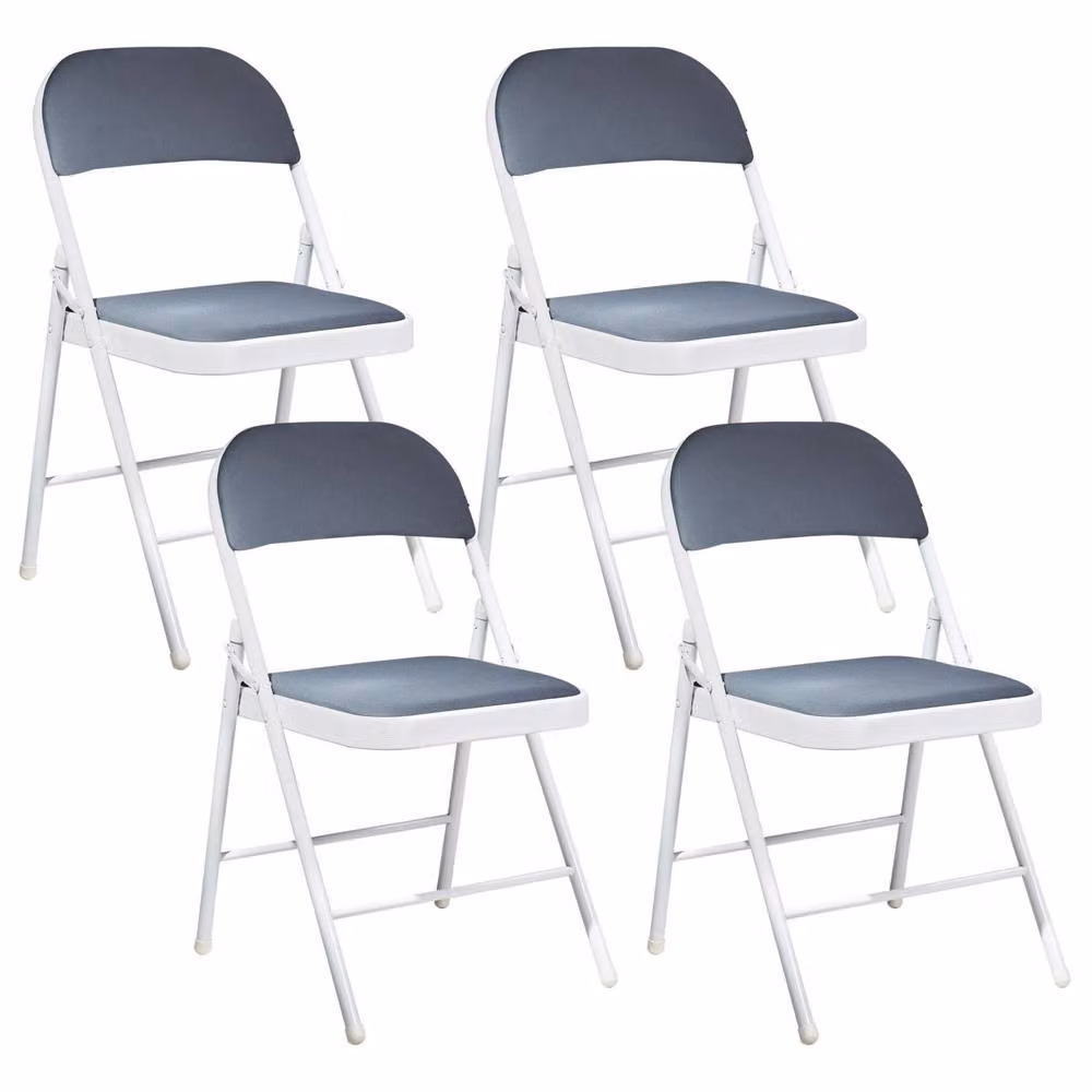 Wyld and Coco Set of 4 Modern Folding Chairs with White Metal Frames and Grey Fabric Cushions – 2