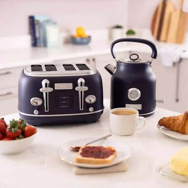 Charles Bentley Kettle 1.7L and 4 Slice Toaster Set in Matt Dark Blue and Silver – 1