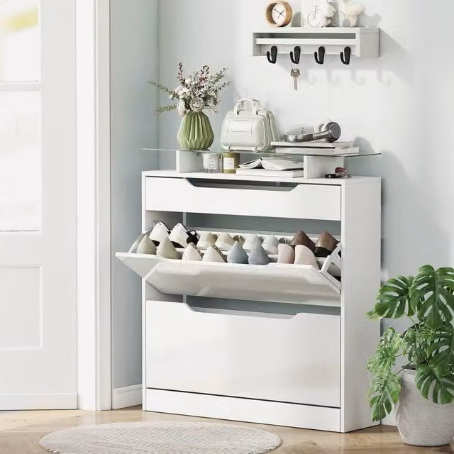 HOMCOM White Modern Shoe Cabinet with 3 Drawers, Glass Top and Tilting Compartments for 14 Pairs