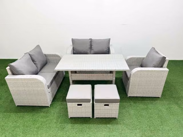 Fimous Grey Poly Rattan Garden Furniture Set with Reclining Chair, Loveseat Sofa, Rectangular Dining Table and 2 Stools