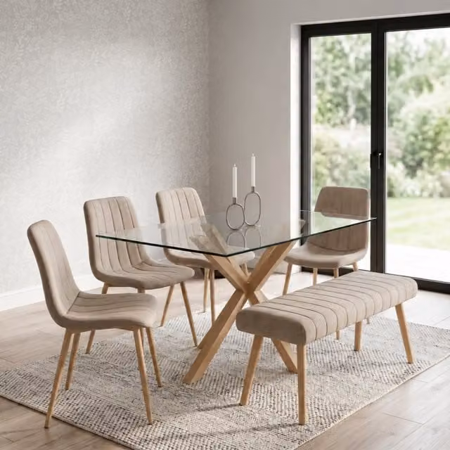 Kosy Koala 6 Seater Rectangular Glass Dining Table Set with 4 Beige Chairs and Bench