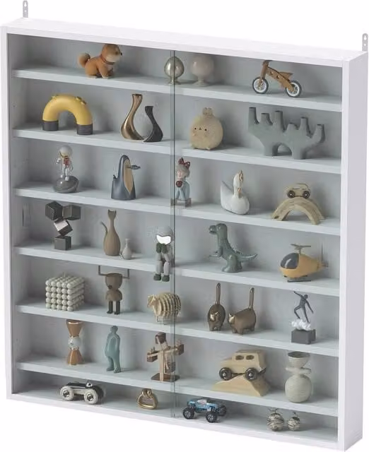 NESTLUNE White Wall Mounted 7-Tier Display Cabinet with Glass Doors and Internal Shelves, W: 100 cm, D: 15 cm