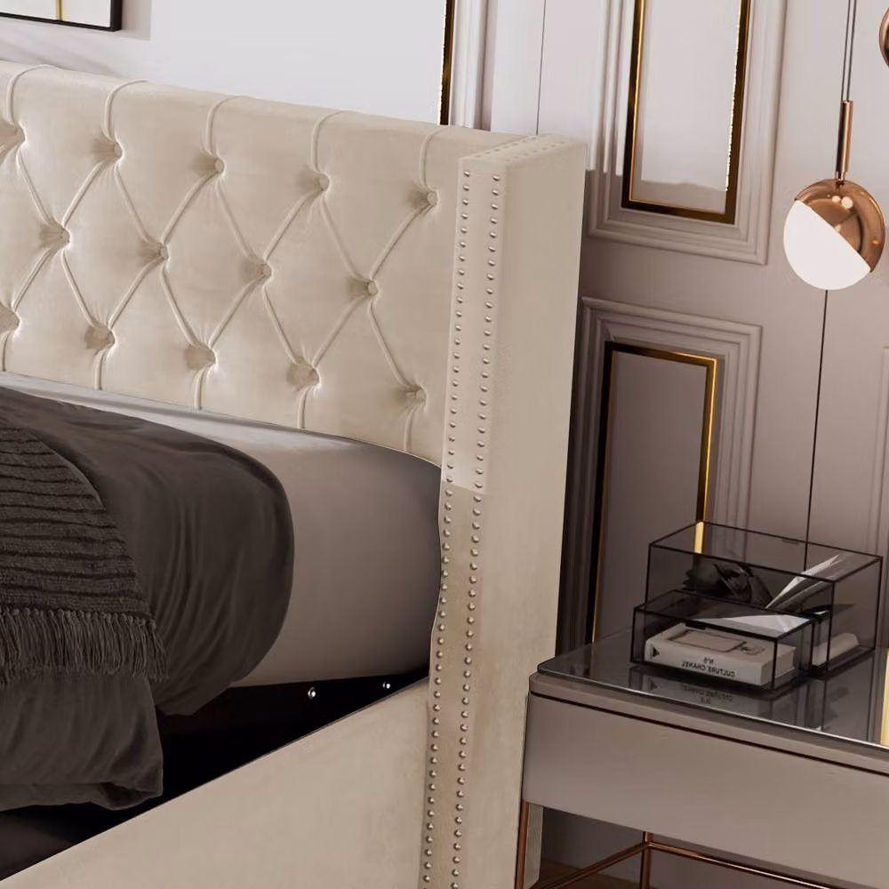 Merax Velvet Double Ottoman Storage Bed Frame, Beige, W: 135 cm, L: 190 cm – 6
