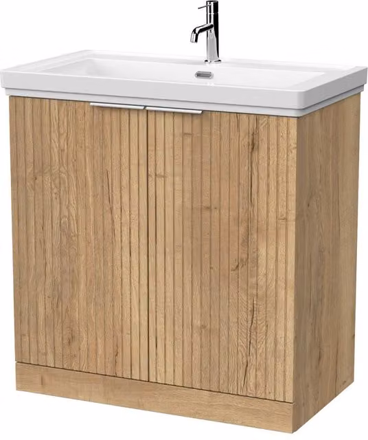 Balterley Callingwood 2 Door Freestanding Bathroom Vanity and Fireclay Basin in Autumn Oak Brown, Width: 80 cm