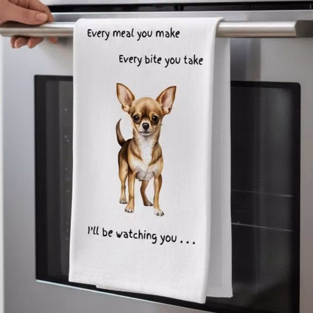 Animal Crackers Chihuahua Dog Novelty Cotton Tea Towel in White and Grey, 66 cm