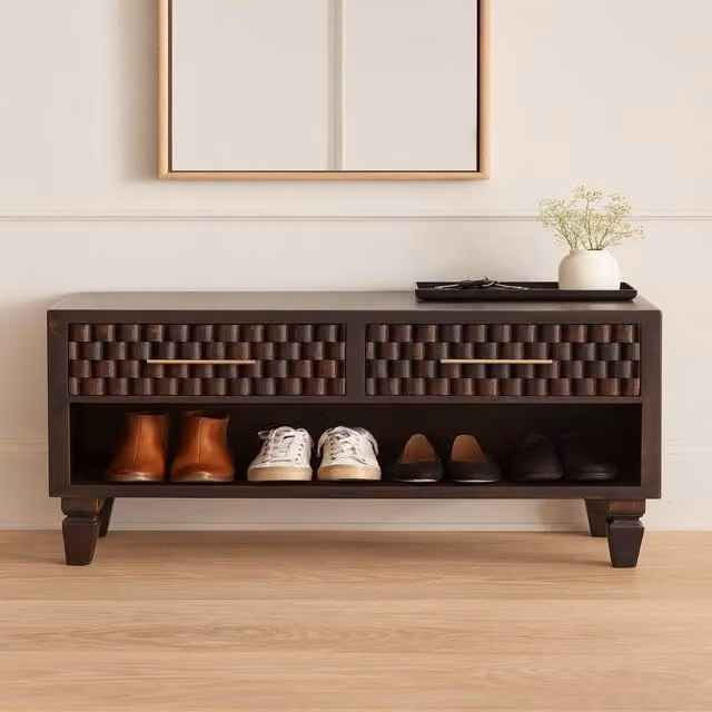 Artisan Furniture Cadiz Mango Wood Carved Shoe Storage Bench in Brown