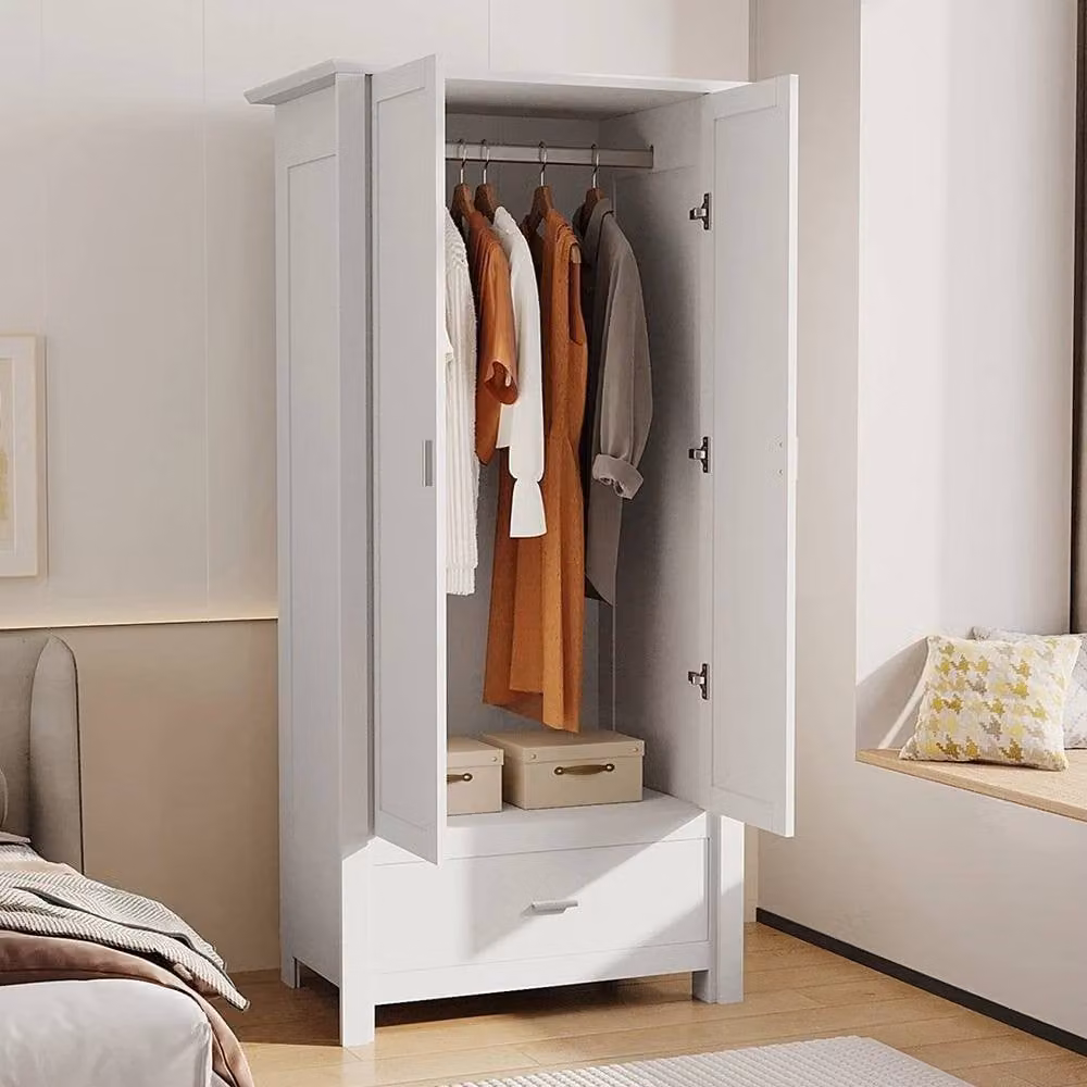 KORVIXA Modern White Wooden 2-Door Bedroom Wardrobe with Internal Drawers and Hanging Rod, W/D/H: 100 x 100 x 100 cm – 2